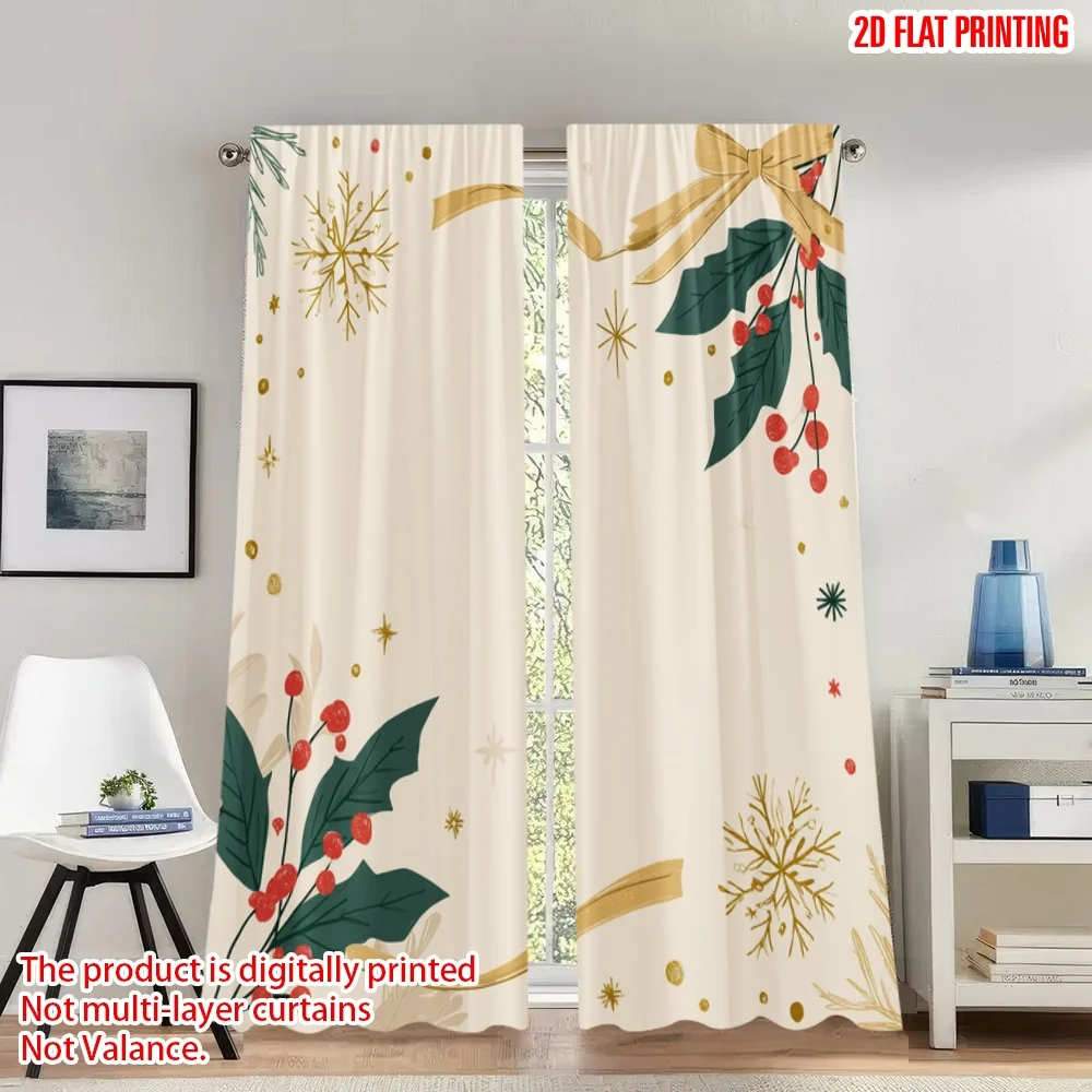 

2pcs 2D flat printing Fashionable Christmas Curtains Christmas Holly Snowflake Ribbon Digital Printed Polyester Drapes Party