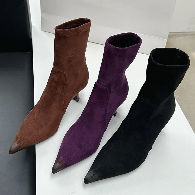 Fioletowe modne szpiczaste Toe damskie botki do kostki buty wsuwane damskie obuwie designerskie elastyczne damskie krótkie buty buty