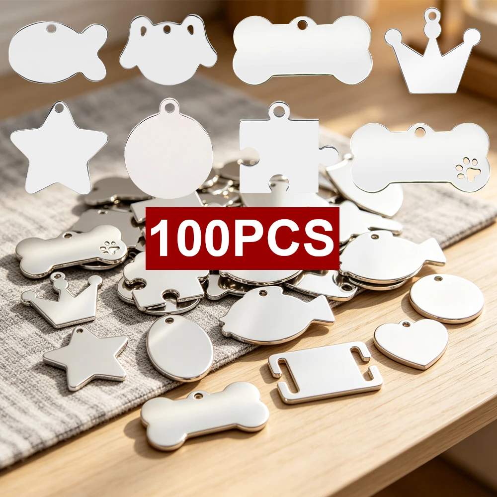 100Pcs Stainless Steel Blank Pet ID Tag Random Mix, Multi Shape Engravable Dog Cat Name Tag, DIY Metal Pendant for Pet Collar