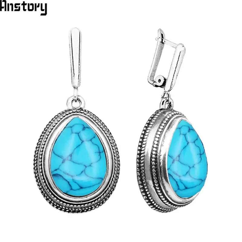 Drop Pendant 5 Colors Synthetic Turquoises Earrings For Women Antique Silver Plated Retro Craft Fashion Jewelry TE109