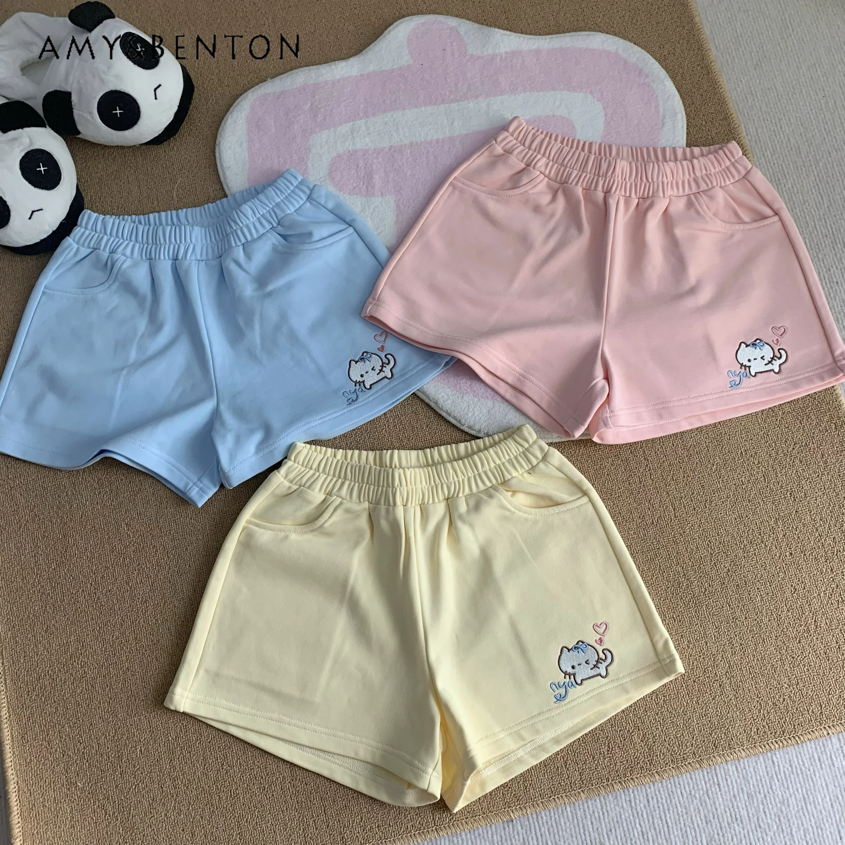 Cute Kawaii Cartoon Embroidered Shorts Summer New Japanese Preppy Style Solid Color Versatile High-waisted Slim Wide-leg Pants