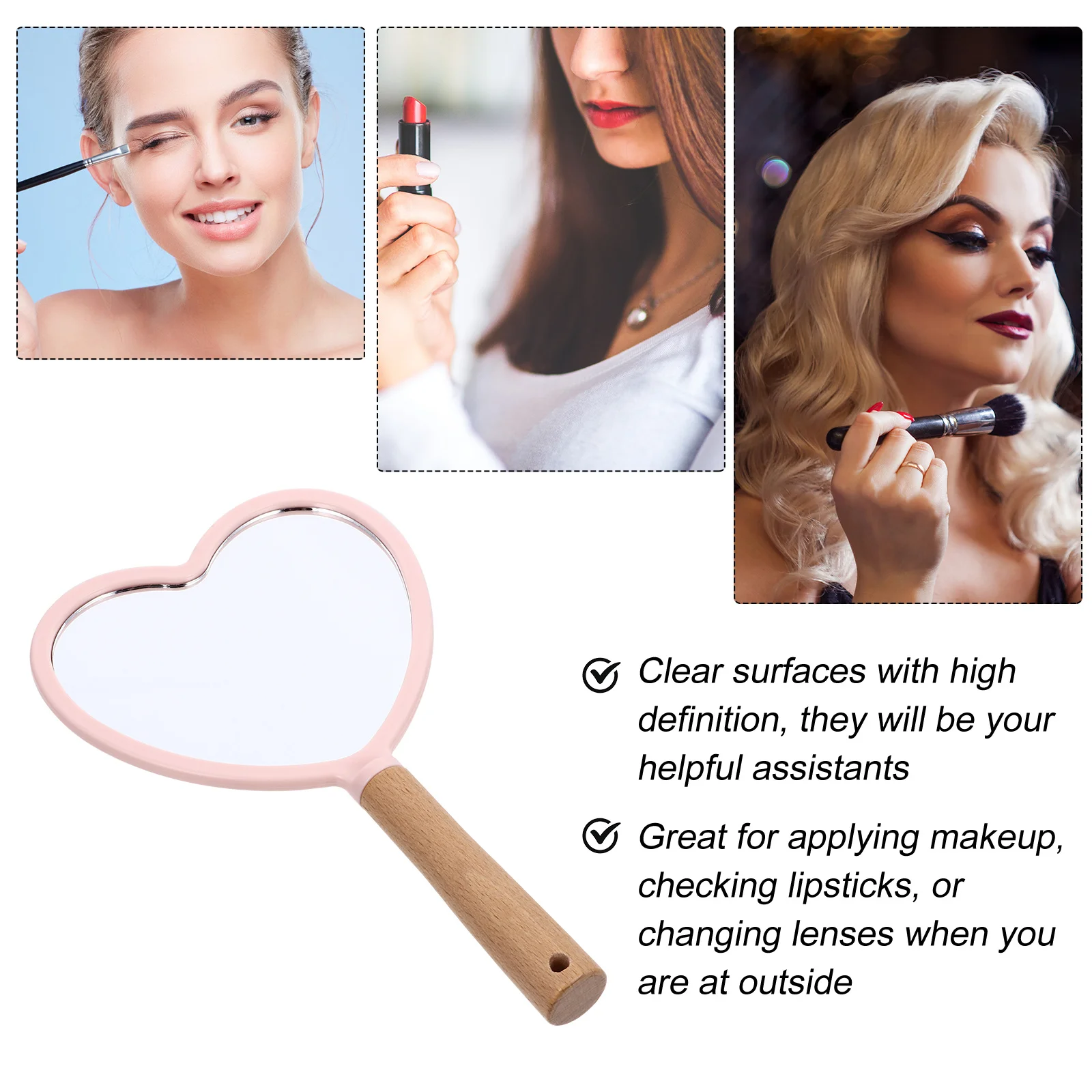 Espejo de maquillaje con mango de madera y diseño de corazón, espejo portátil para mujer, superficie reflectante HD ligera y compacta, color rosa