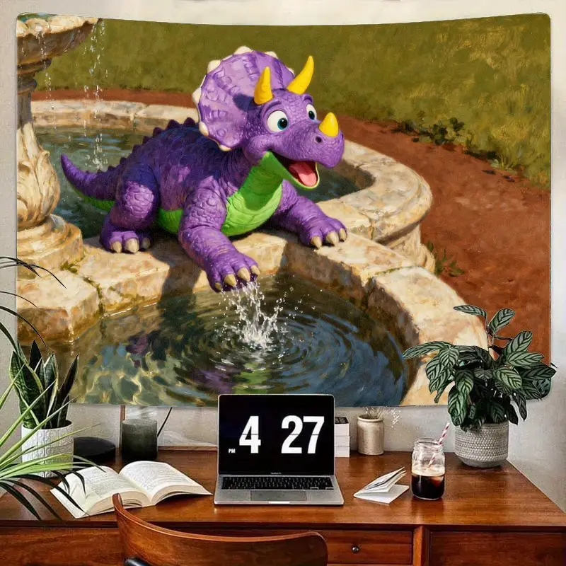

1PC Kawaii Purple Triceratops Dinosaur Tapestry, Cute Dino Playing in Fountain Wall Art, Polyester Kids Bedroom Decor Gift