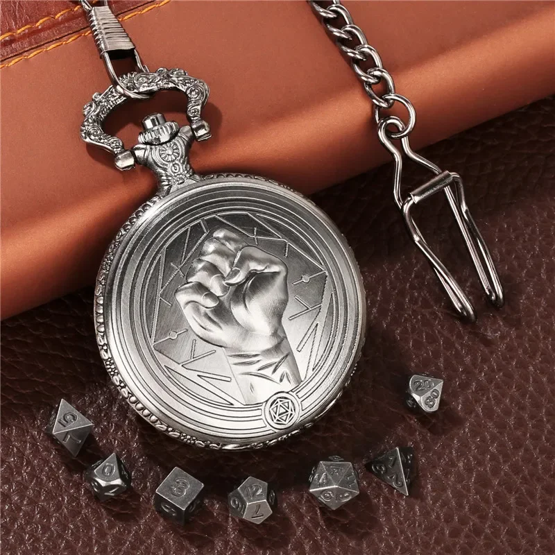 

Bronze Fist Pattern Pocket Watch Case FOB Pendant Chain 7 X Metal Polyhedral Dice Set Table Role Play Gaming Accessory Dices