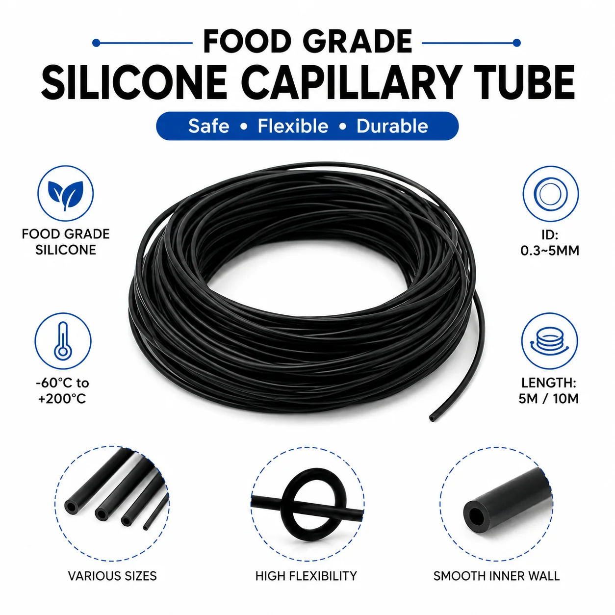 10M/5M Food Grade Black Capillary Silicone Tube ID0.3mm-5mm, light blocking and UV blocking to prevent wine oxidation tube.