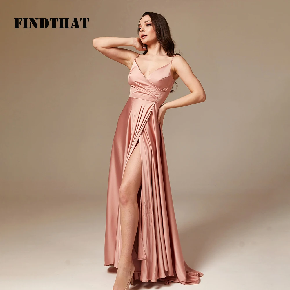 

Findthat Elegant V-Neck Bridesmaid Dress for Wedding Spaghetti Strap A-Line Satin Evening Party Gowns Side Slit robes de soirée