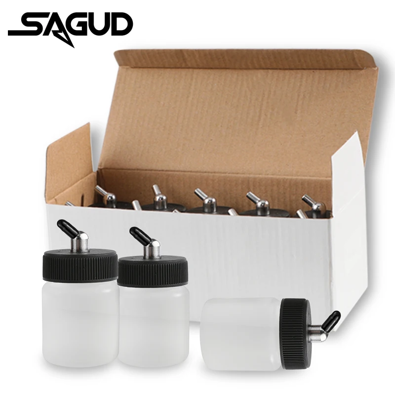 SAGUD 10PCS Plastic Jar Airbrush Bottles Set 30°/60° Down Angle Adaptor with Jar Cap Covers Fits Single/Double Action Airbrushes