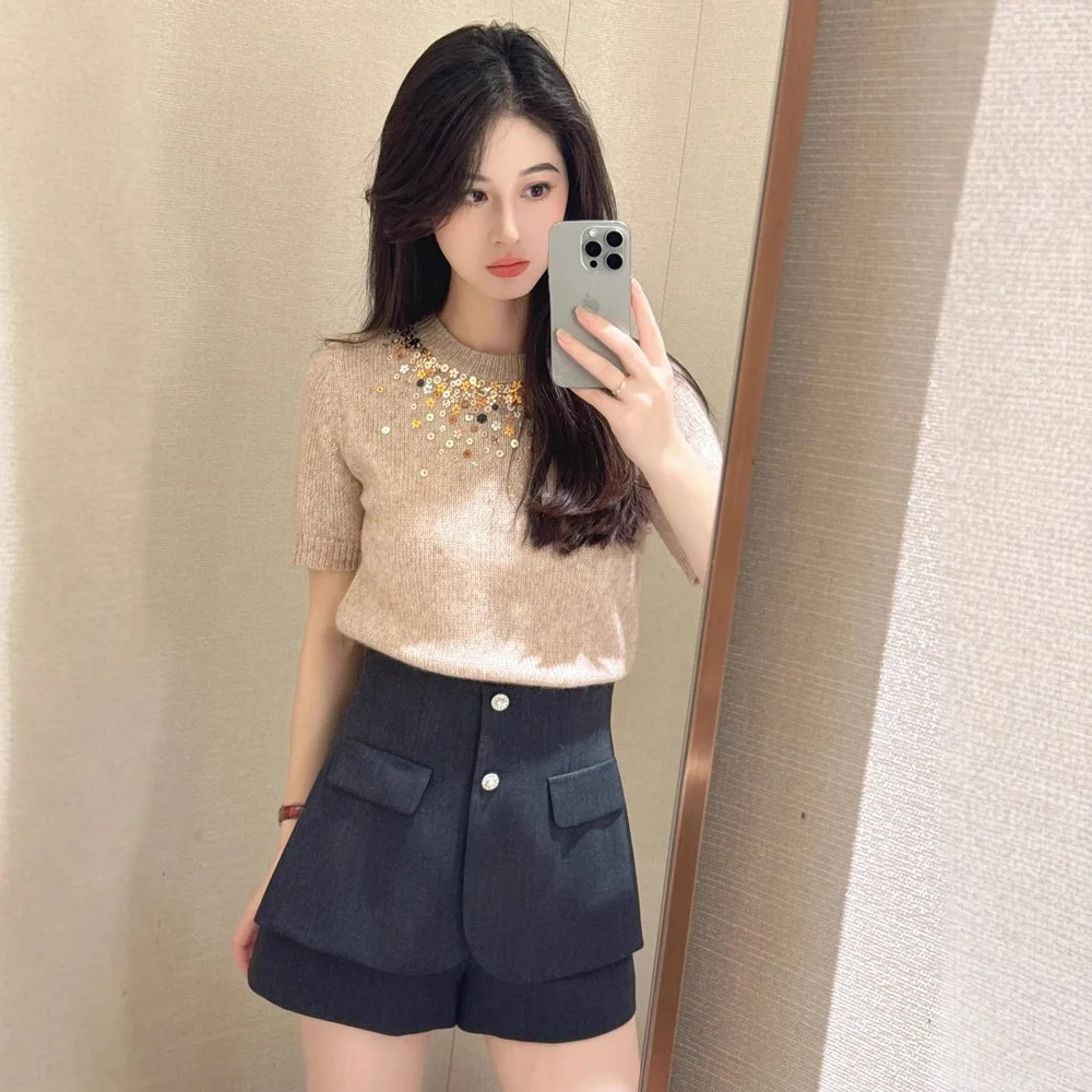 

Женский вязаный свитер MaSande Ele с круглым вырезом и пайетками, осенняя новинка, из полиэфирного волокна