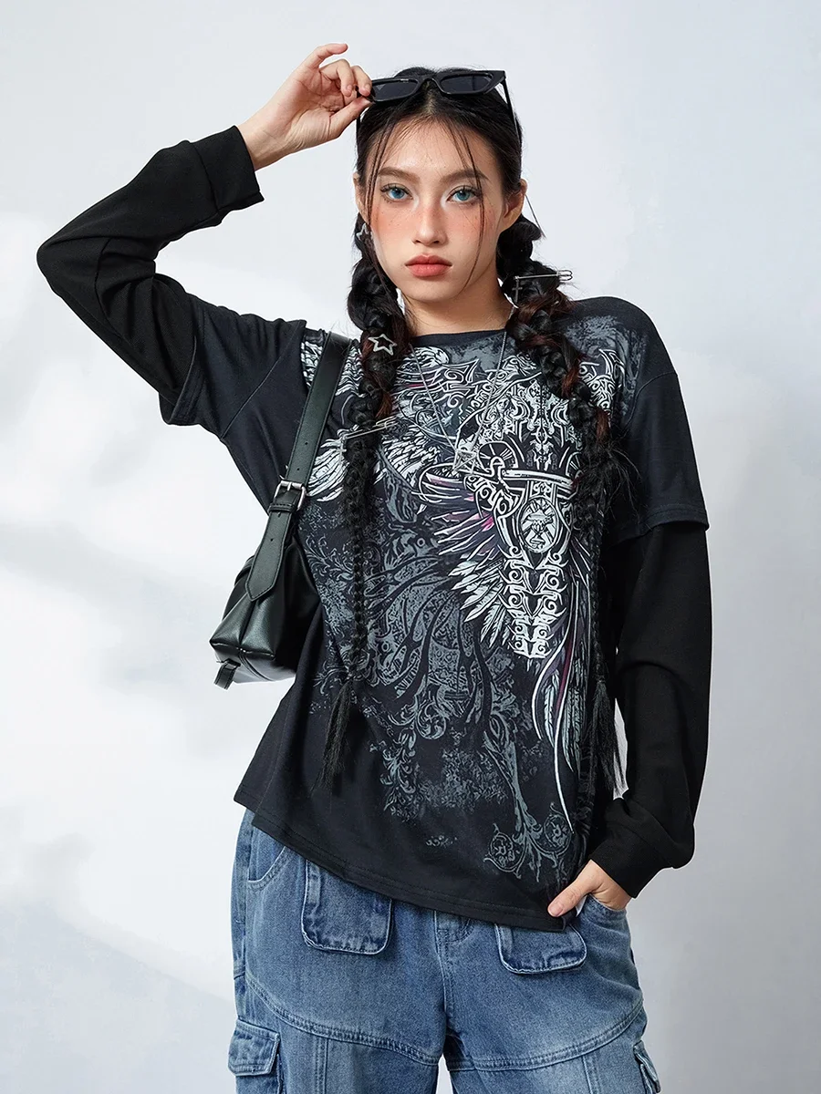 Women Vintage Graphic Grunge Tops Y2K Goth Baggy Long Sleeve Fake Two Shirts Spring Alt Clothing for Teens Halloween Streetwear