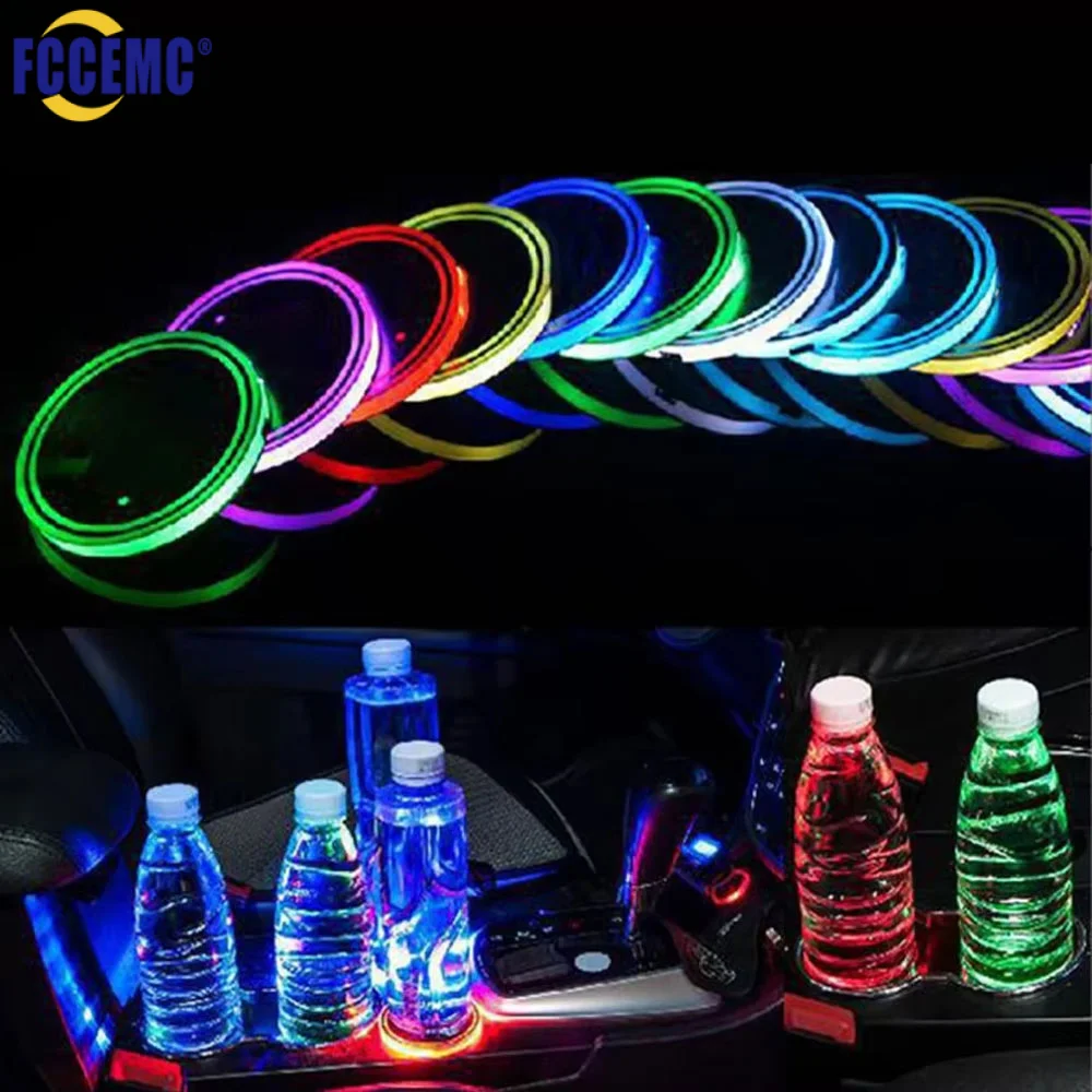 2Pcs Car Water Cup Mat Bottle Holder Pad Anti-slip 7 Colors Cup Holder Pad LED Decorative Atmosphere Lamp Interior Accessories