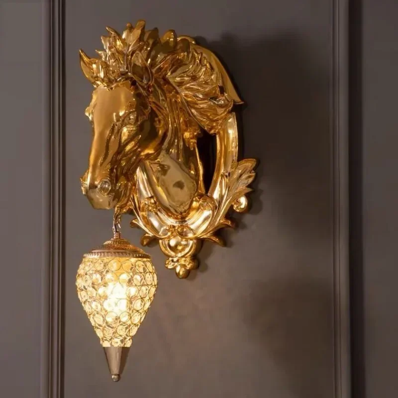 Electroplated Horse Head Wall Lamp - Light Gold Luxury LED Fixture for Living Room/Corridor/Aisle, European Creative Animal Desi