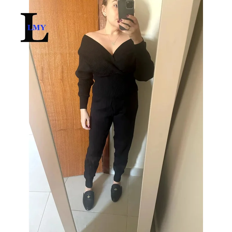 LMY Off Shoulder Knitted Sexy Two Piece Set Women Ribbed Knitted Backless Long Sleeve Tracksuit Sweater Pants Suits Knit 2 Piec