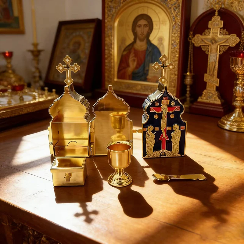 New Vintage Gold Plated Orthodox Communion Tabernacle Set with Enamel Icons for Church Liturgy Home Altar Christian Faith Gift