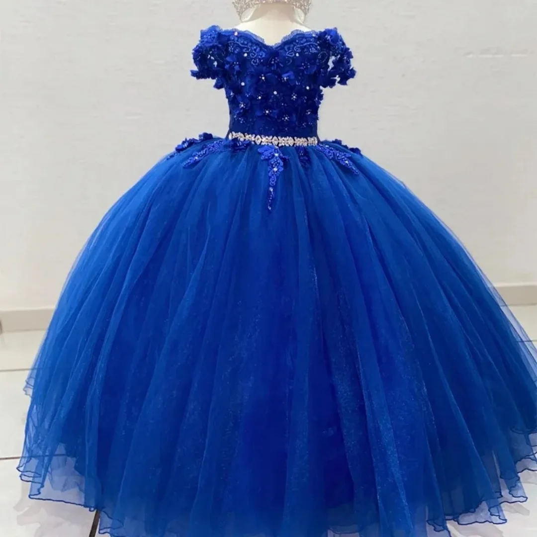 

Customized Royal Blue Flower Girl Dresses For Wedding Lace Appliques Girl Princess Dress Child Kids Pageant Gowns for Photo