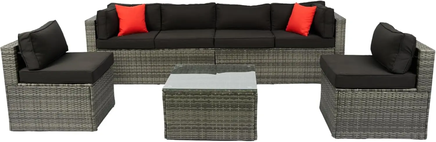 Patio Furniture Set with Coffee Table and 2 Pillows, PE Rattan Outdoor Conversation Sectional Sofa Seating Goup