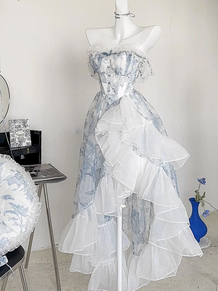 Blauwe bloemenprint ter Vintage Dr dames zomer Vaion Princ Sle lange rok Tagkita merk No Sve onregelmatige zoom