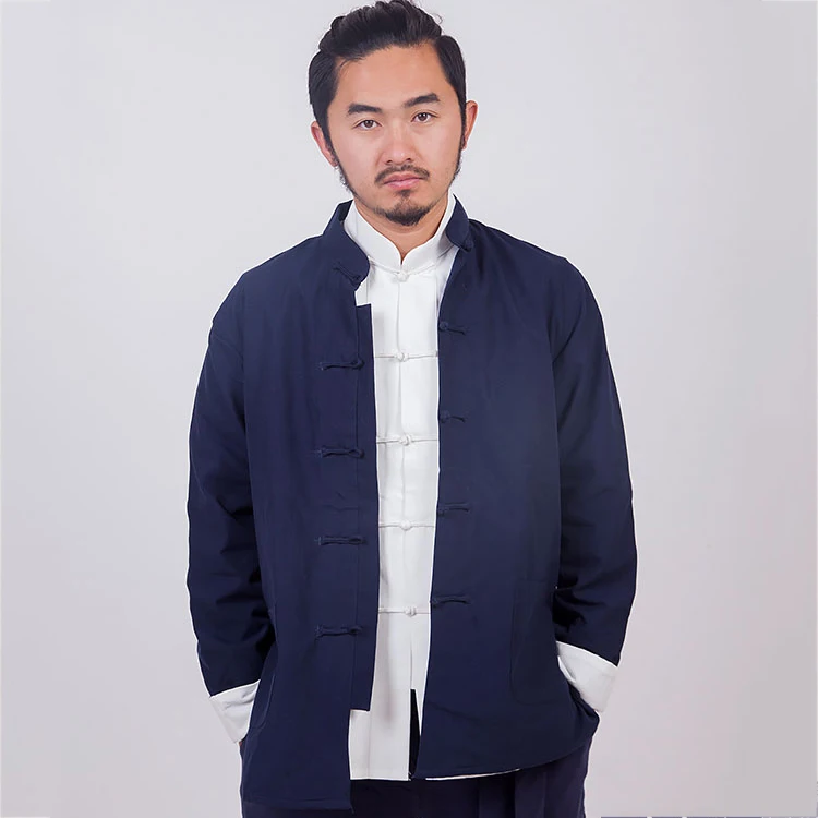 Chinese Style Cotton Men\'s Tang Suit Long-Sleeved Jacket Plus Size Men\'s Hanfu Shirt Vintage Stand Collar Kung Fu Blouse Coat