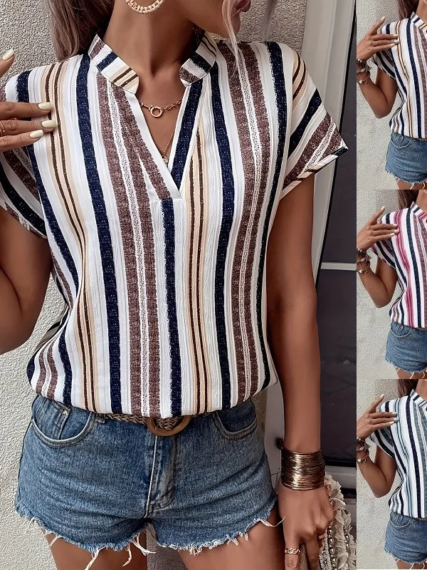 Women's Striped V-ne Batwing Sve T-irt Casual Loose Fit ort Sve Polyester Cotton Blend Summer Faion Top