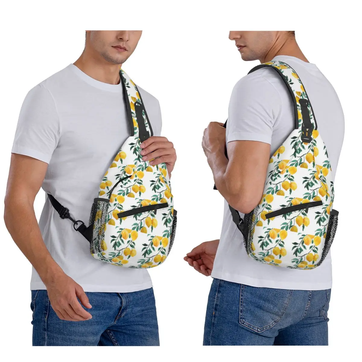 Hand Painted Yellow Lemon Watercol Chest Bag Men Sling Crossbody Backpack Chest Bag Travel Hiking Daypack Shoulder Bag