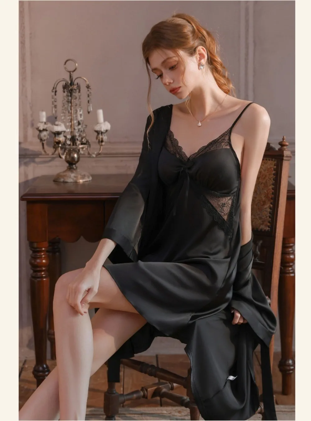 Ice Silk Skinny Sleep Dress Two Piece Set for Women Built in Pads Sexy Deep V Lace Camisole Nightwear Wear Out nightgown