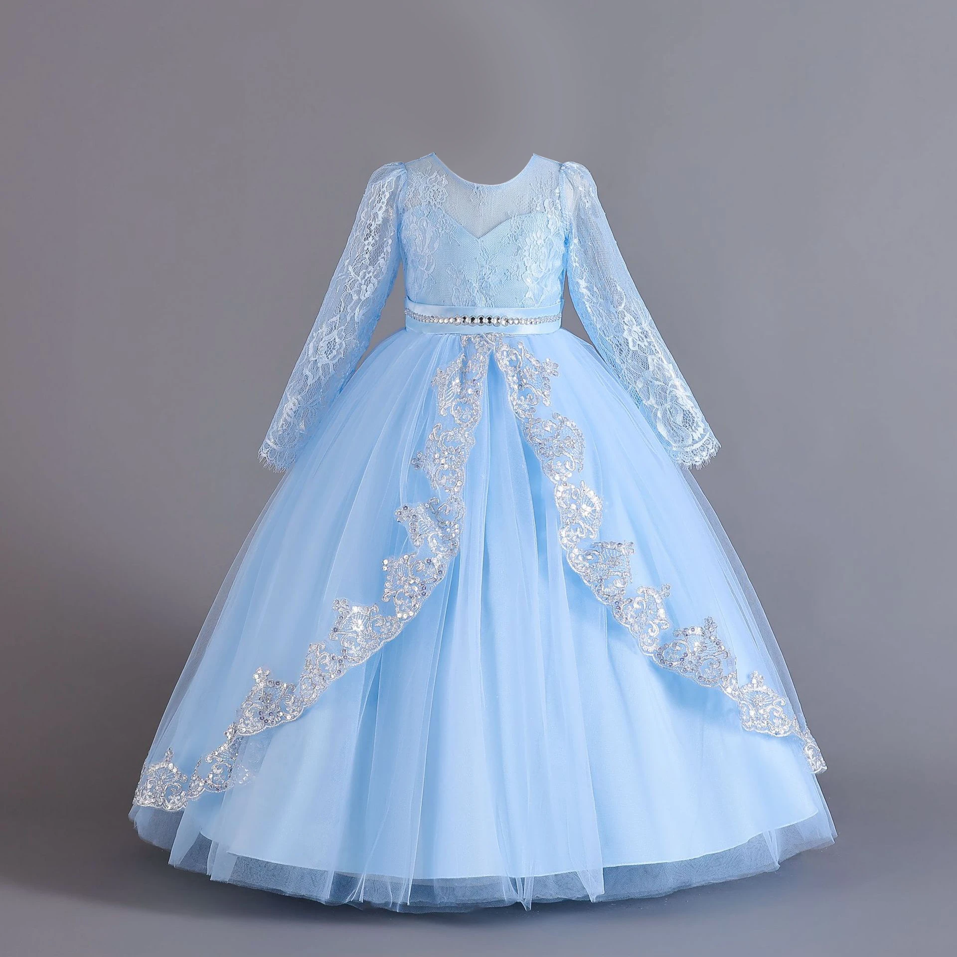 Vestido de princesa elegante de tul con lentejuelas y flores blancas para niña, vestido largo de primera comunión para boda, dama de honor, banquete, vestido de fiesta para niña