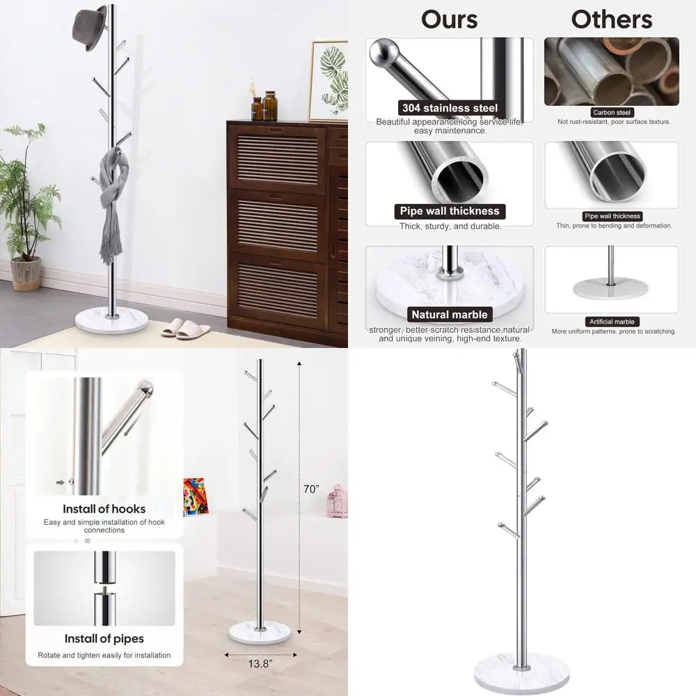 

Freestanding Stainless Steel Coat Rack with 8 Hooks and Natural Marble Base for Hallway and Bedroom