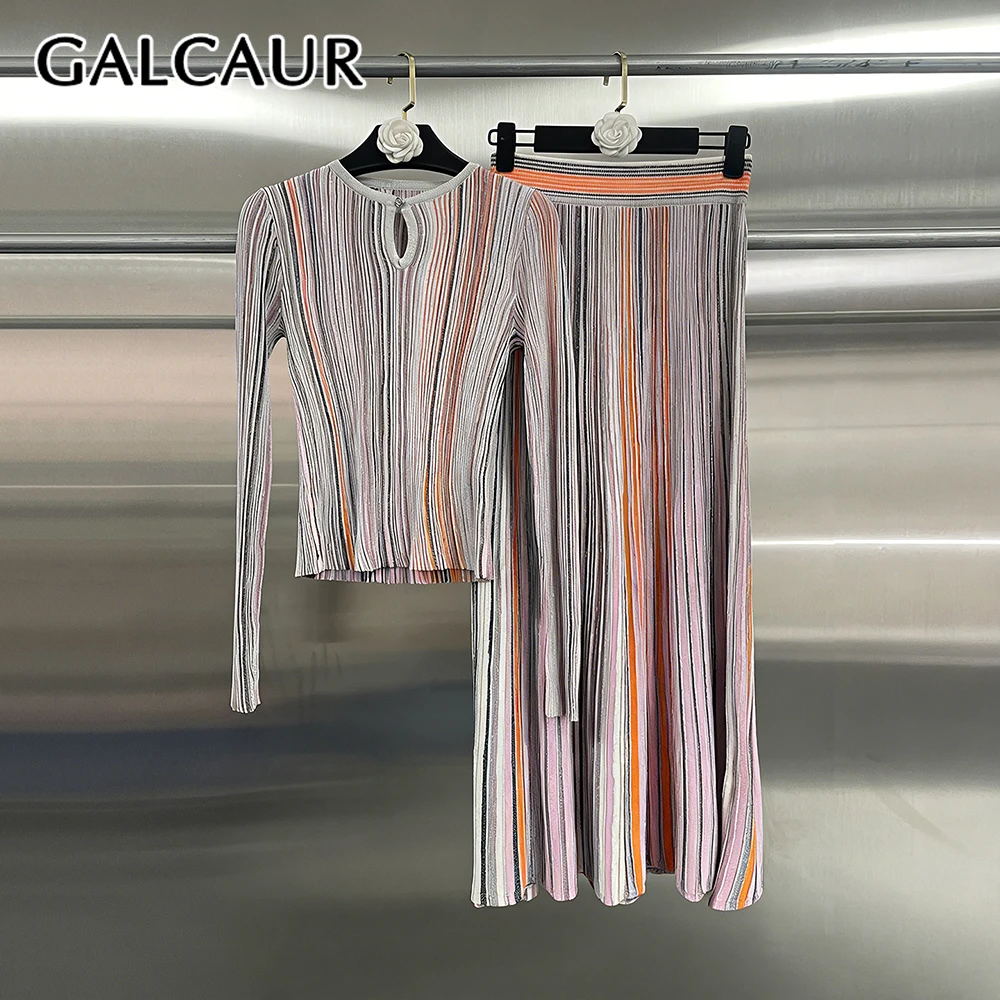 

GALCAUR Hit Color Spliced Printing Two Piece Set Female O Neck Long Sleeve Top Vintage Streetwear Women's Skirt Sets Fashion New