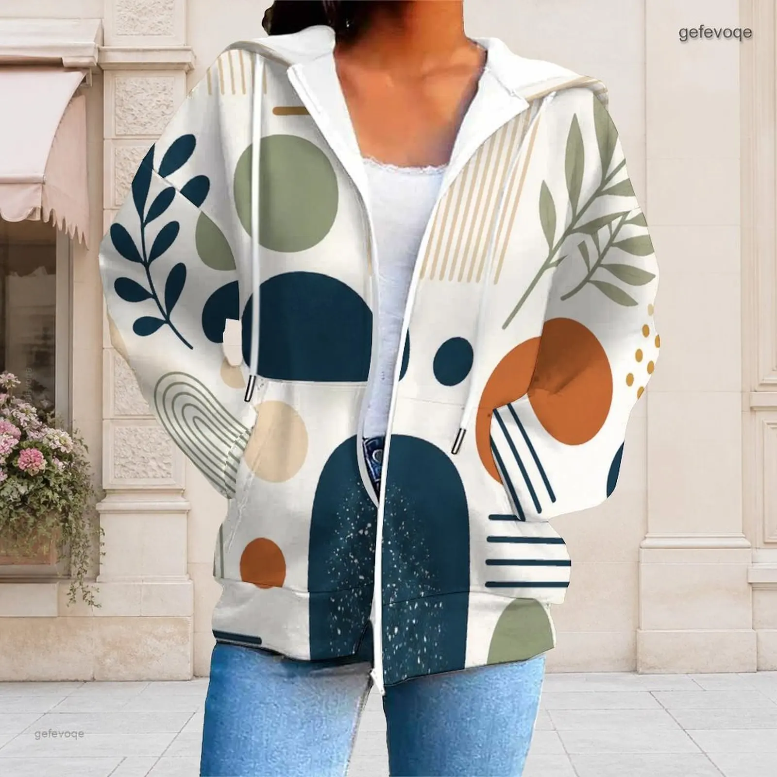 Women Abstract Geometric Leaf Print Zip Up Hoodie Long Sleeve Drawstring Hood Sweatshirt with Pockets