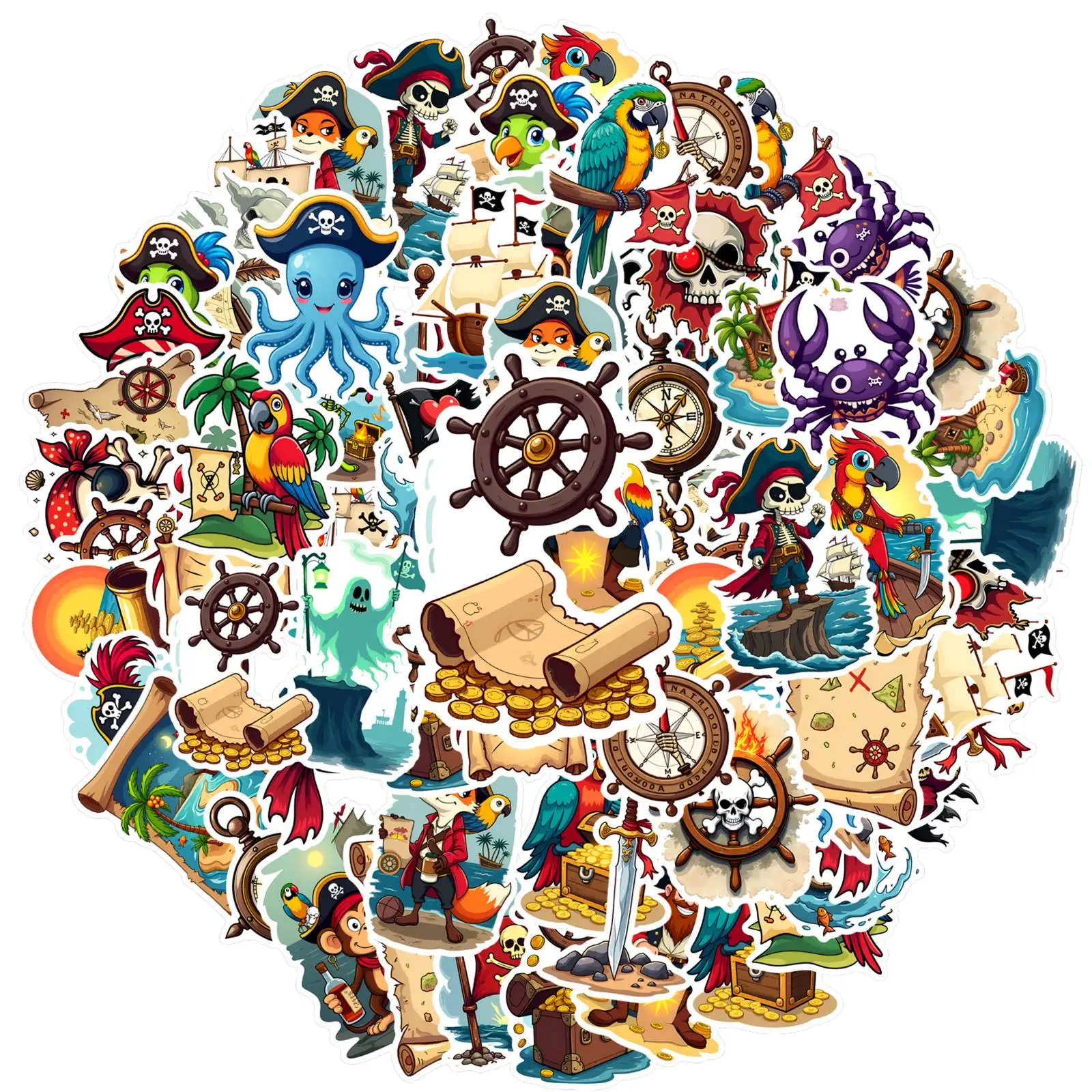 

35pcs-50pcs Cartoon Treasure Stickers Whimsical Parrot Skull Stickers Stationery Stickers For DIY Phone Guitar Laptop Notebook