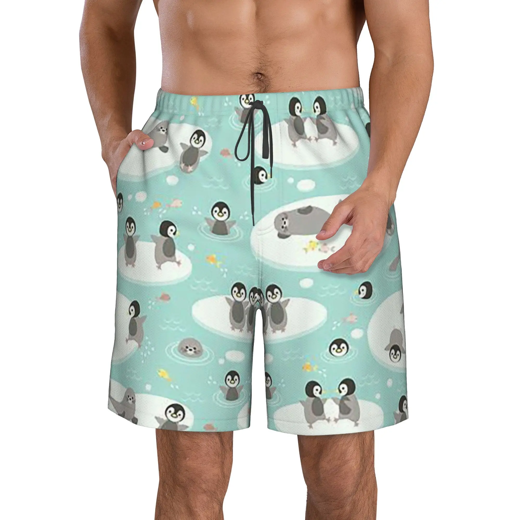 Polar Penguin Ice Surface Penguin Pattern Trunks Beach Board Shorts Casual Quick Dry Swim Summer Men Pants