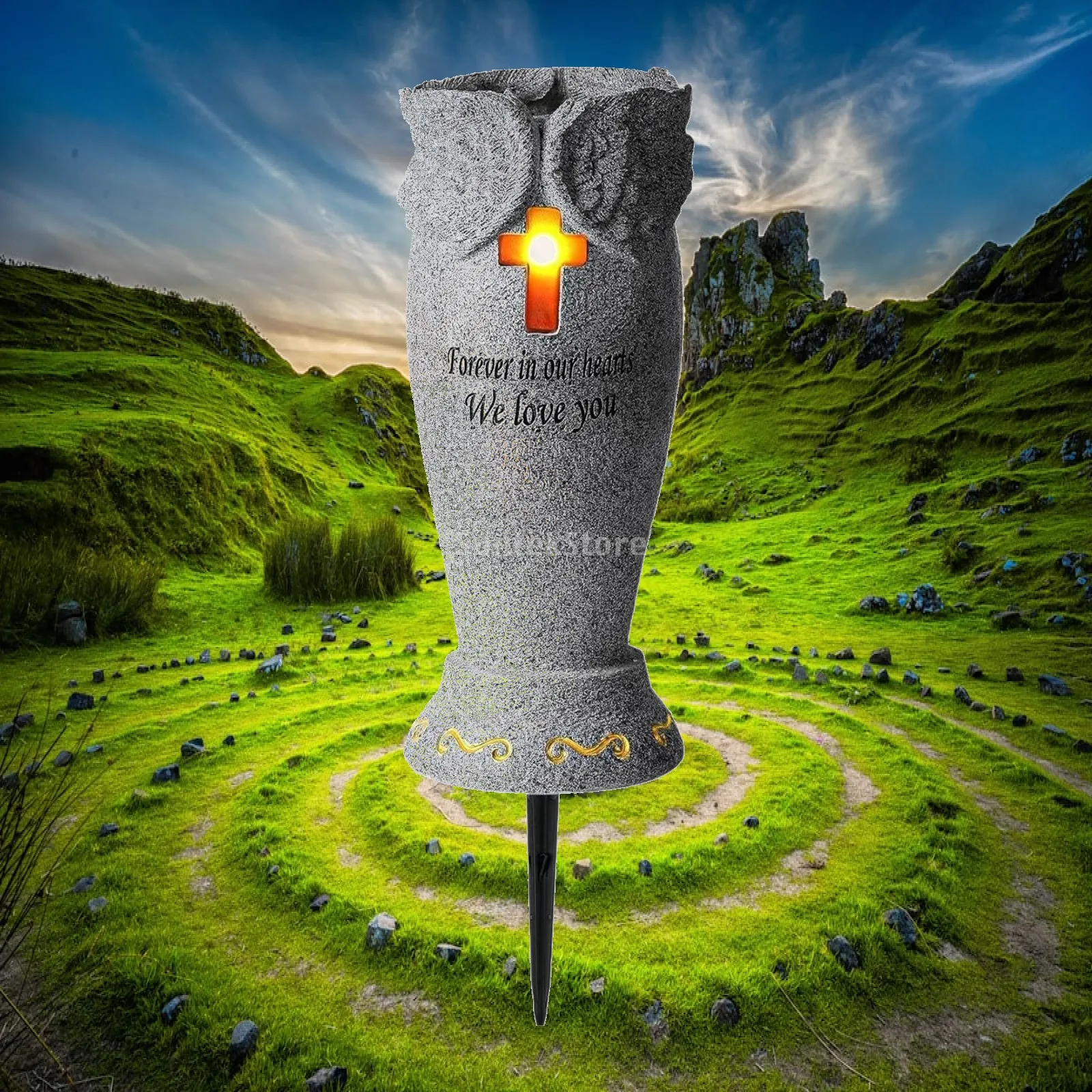 Solar Grave Vase with LED Resin Flower Holder for Cemetery Headstones Memorial Gift Outdoor Decoration Remembrance Stake
