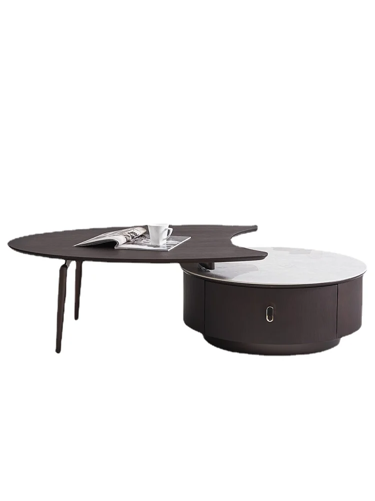 Hxl Light Luxury High-End round Stone Plate Coffee Table Smoked Wood Height Retractable round Coffee Table Combination