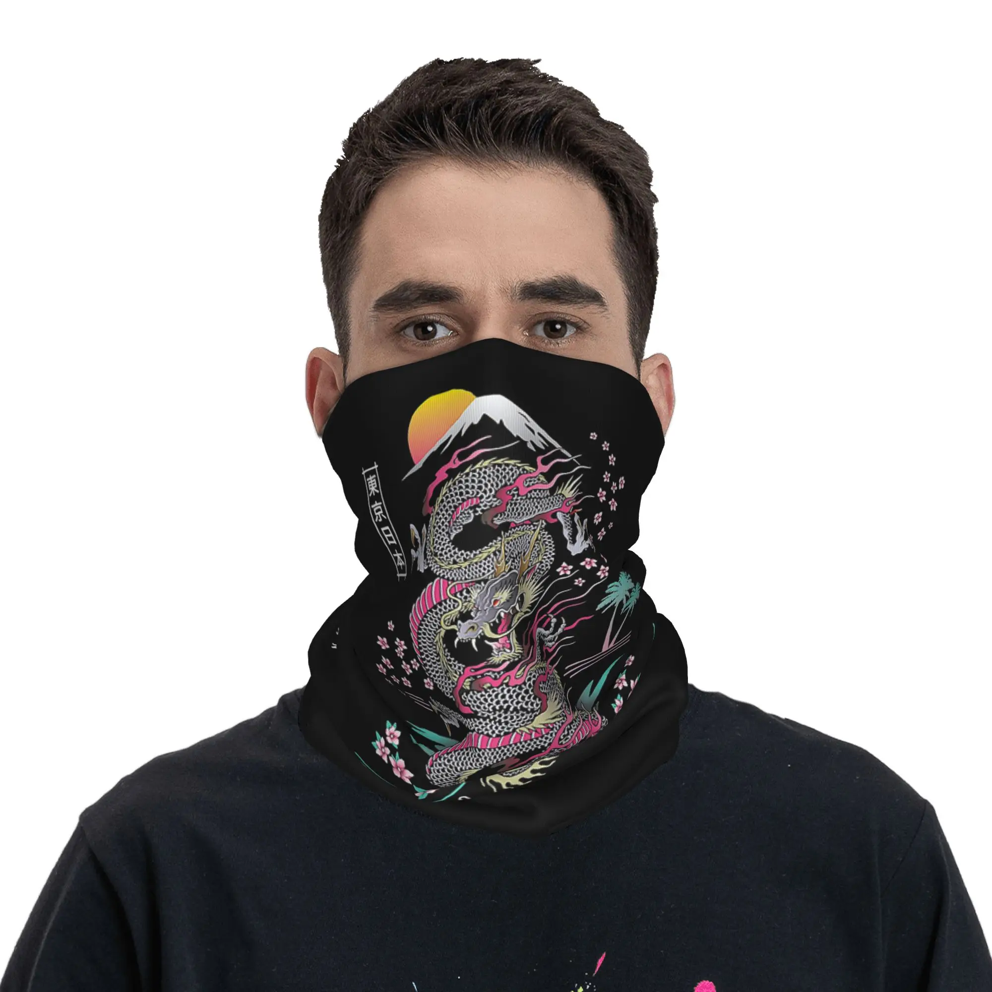 Japanese Tokyo Dragon Asian inspired Neon 80’s Bandana Neck Gaiter Printed Magic Scarf Balaclava Outdoor Sports for Men Women