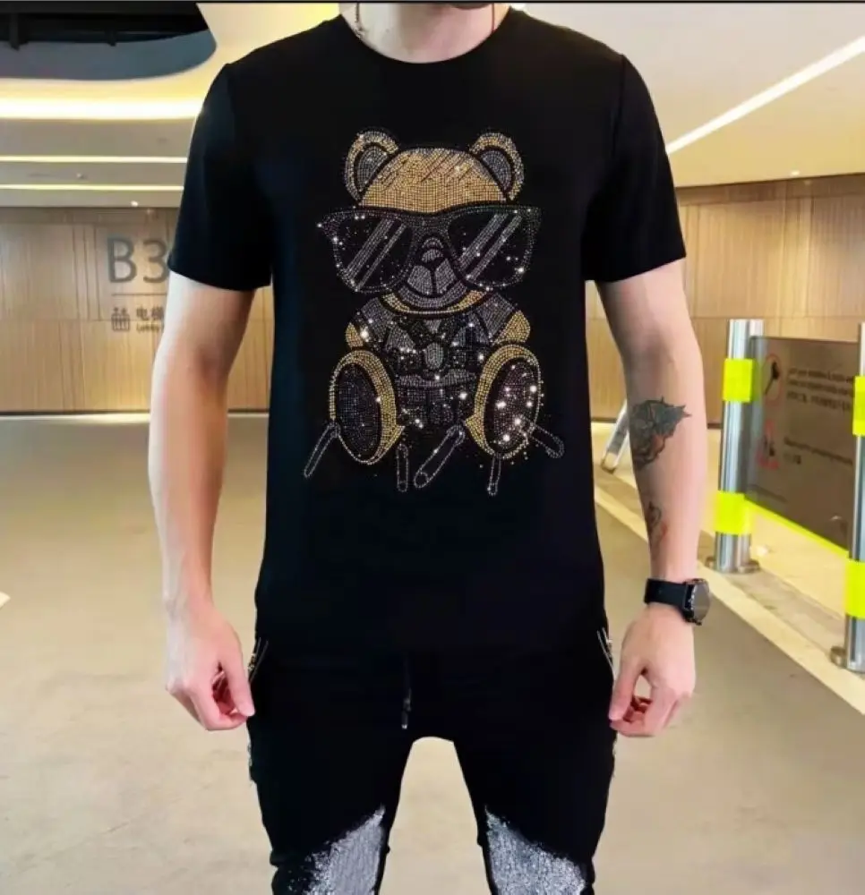 

T-Shirt Men's Rhinestones High-Quality Diamond Pattern men's Short-Sleeved Slim Summer Casual Top