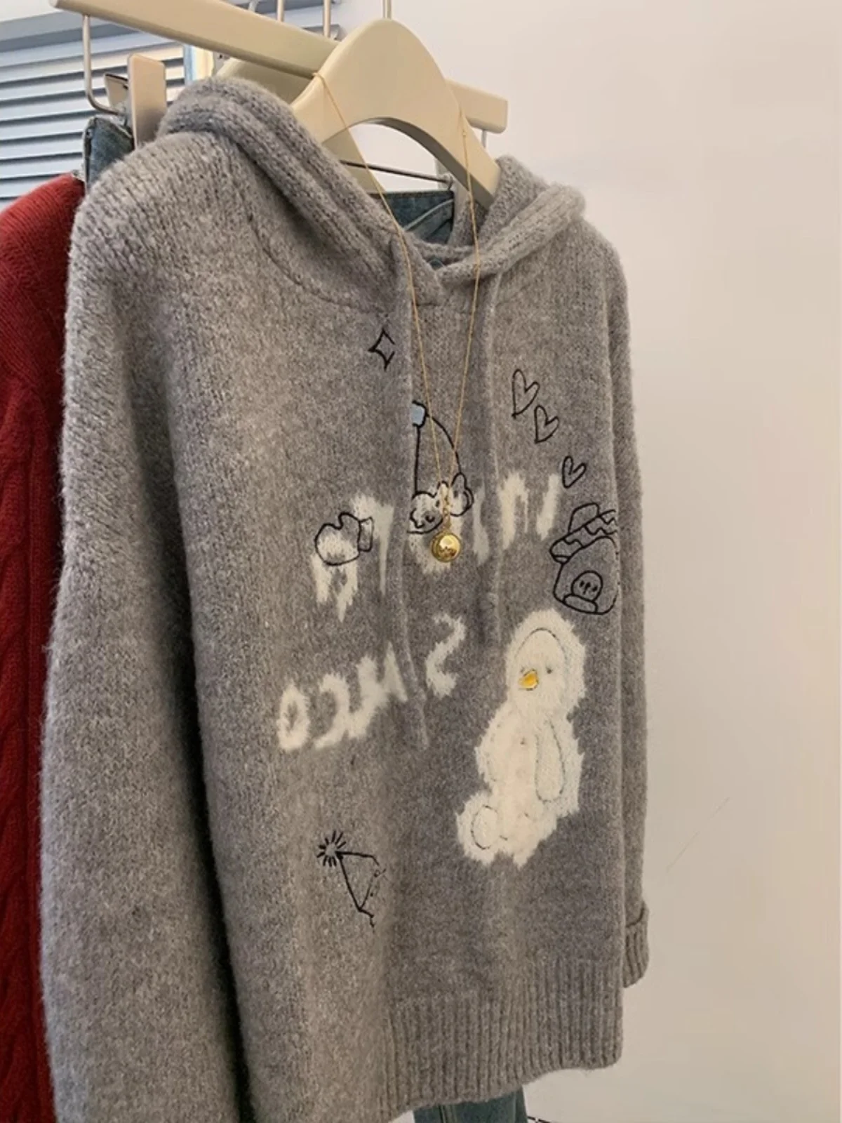 مقنعين طويلة Sve البلوز كلية Sle كسول الدب Fce لينة مريحة المرأة الخريف الشتاء محبوك أعلى منتصف طول #2