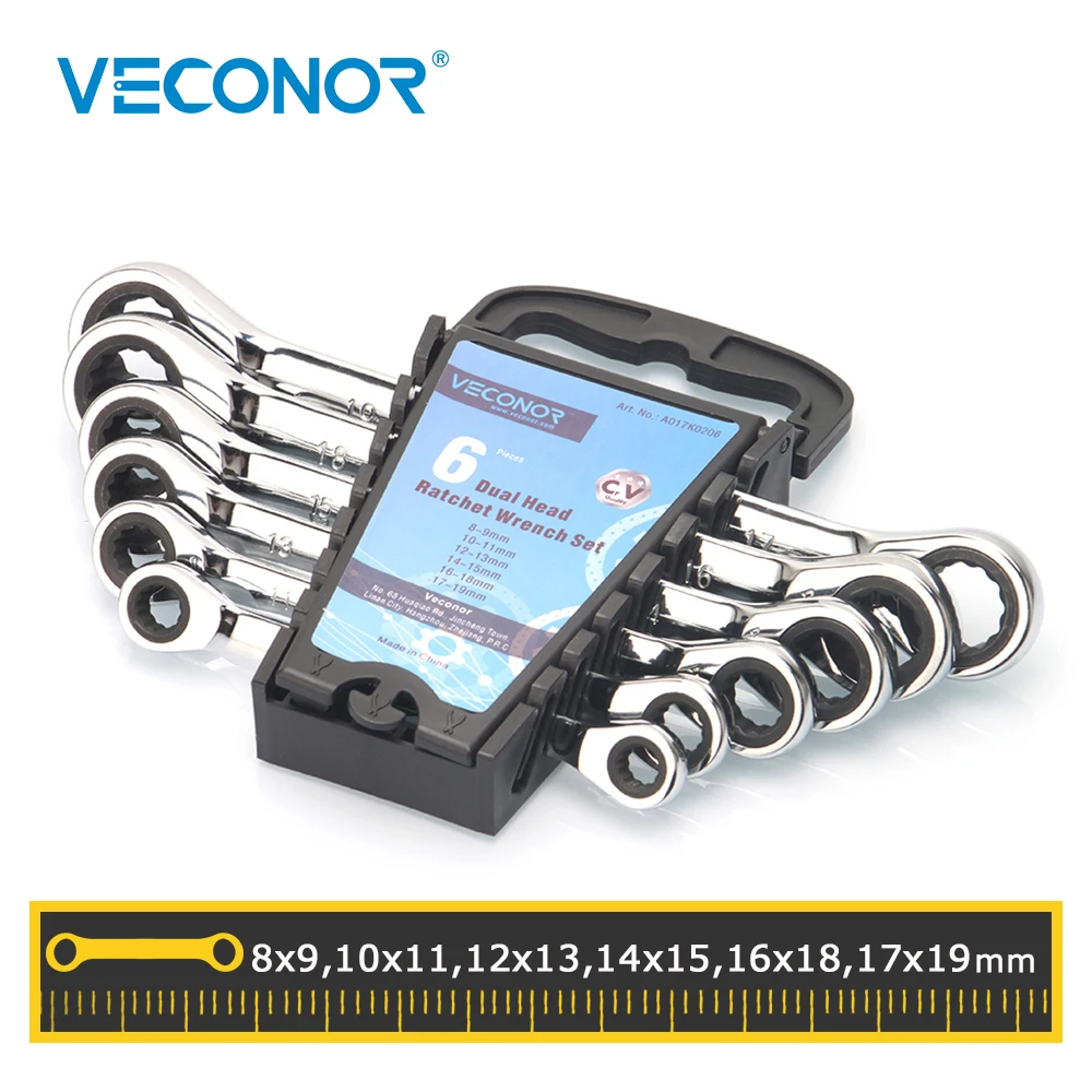 Veconor 6 Pieces Dual Head Ratcheting Wrench Spanner Set A Set Of Key Wrench 8~19mm With Plastic Tool Storage Rack