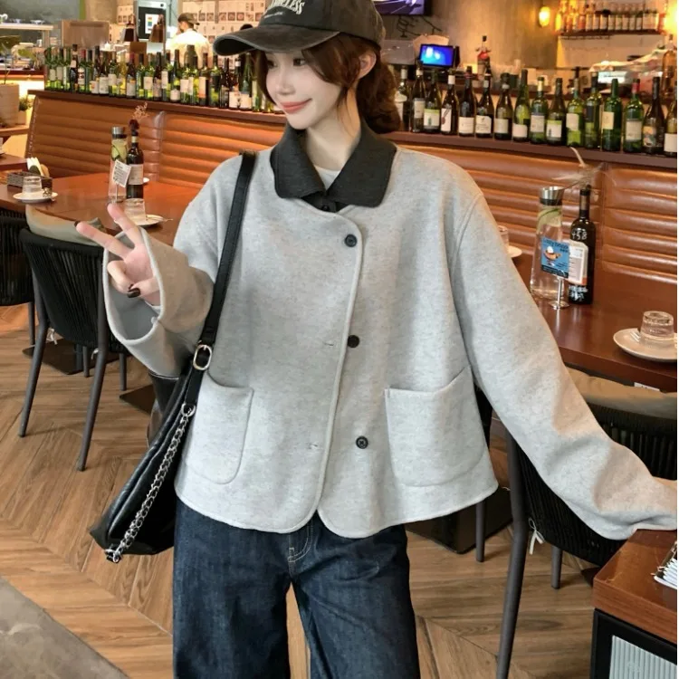 معطف صوفي مزدوج الوجه للنساء كوري أنيق للخريف والشتاء فضفاض بياقة مناسبة وتصميم كلاسيكي بلون Blo مناسب للتنقل