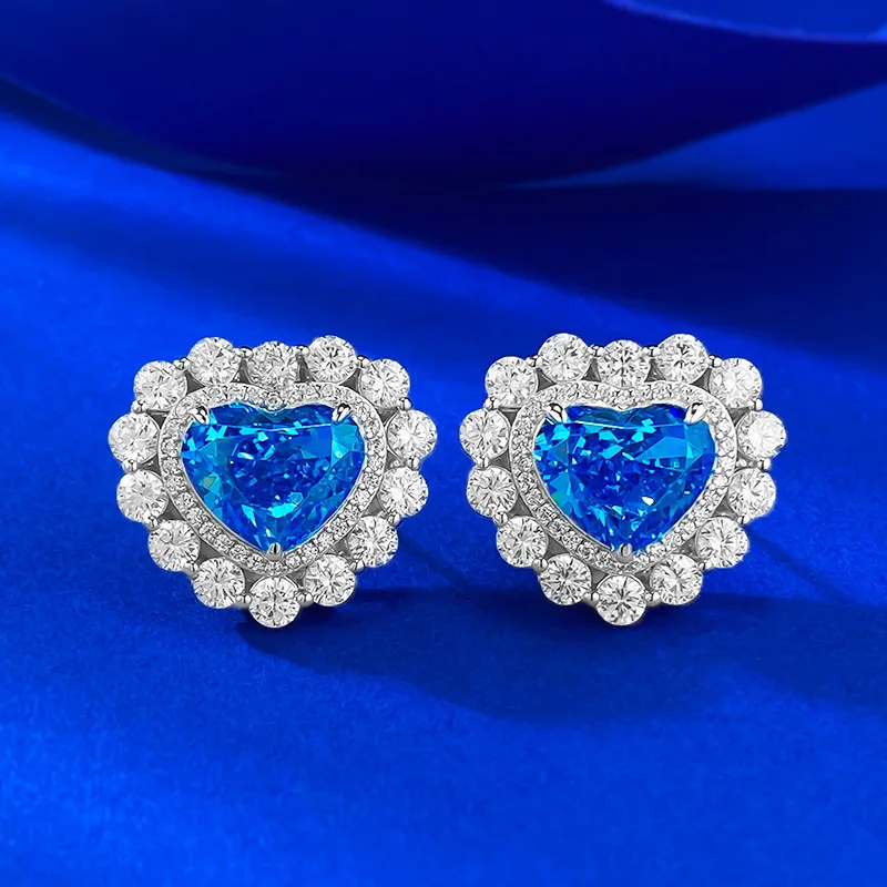 

Серьги в форме сердца из серебра 925 пробы с инкрустацией Love 9*11 Sea Blue Treasure, высокоуглеродистый бриллиант, ледяной цветок
