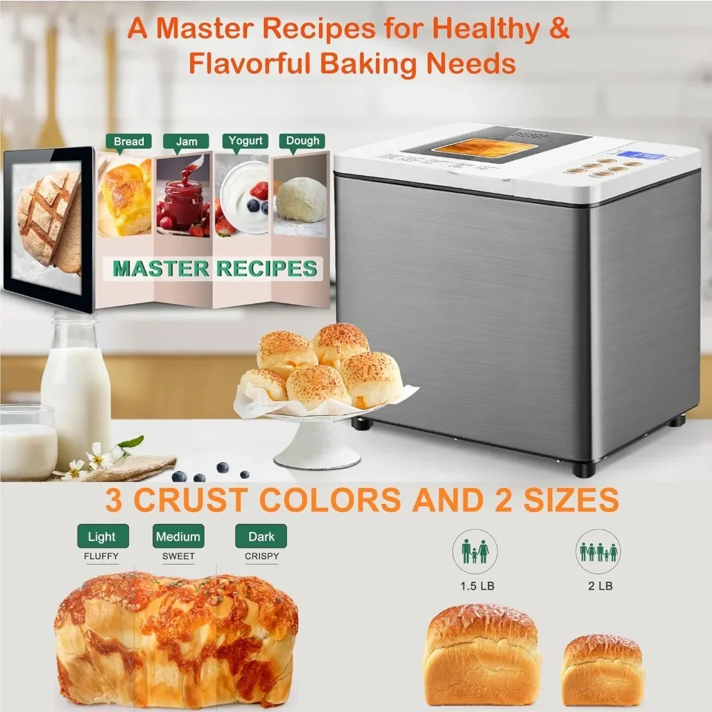 Bread Maker, 19-in-1 Auto Bread Machine Smart Dual-Heaters, 15H Timer & 1H Keep Warm, Compact Bread Maker