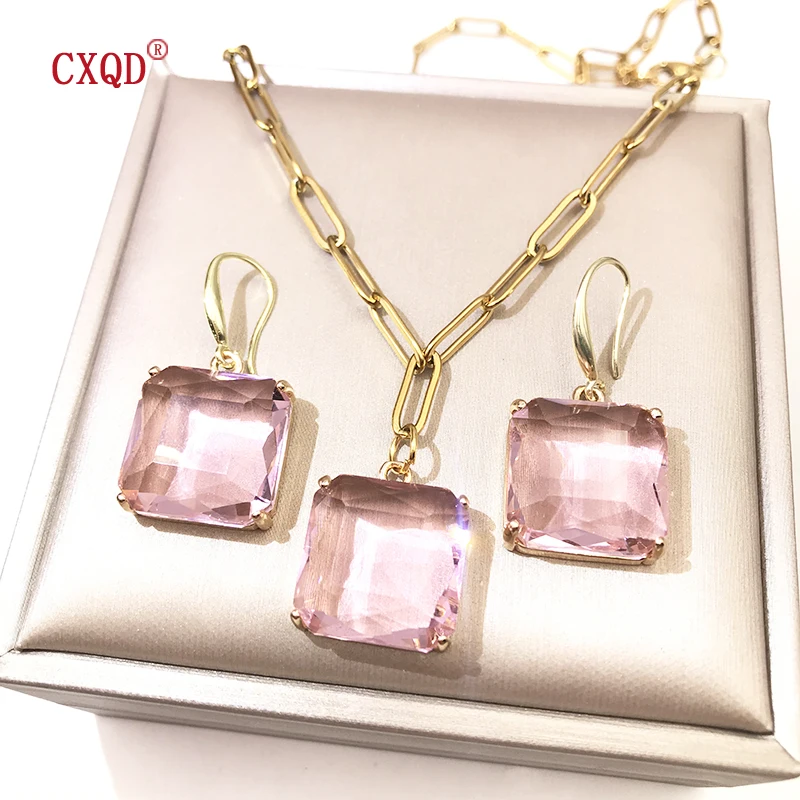 Colorful Clear Square Glass Pendant Necklace For Women Stainless Steel Chain Fashion Earrings Jewelry Original Accessories Set