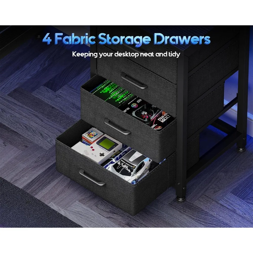 Tavolo da gioco a L con ripiani e 4 cassetti, 51 scrivanie per computer reversibili con luci a LED