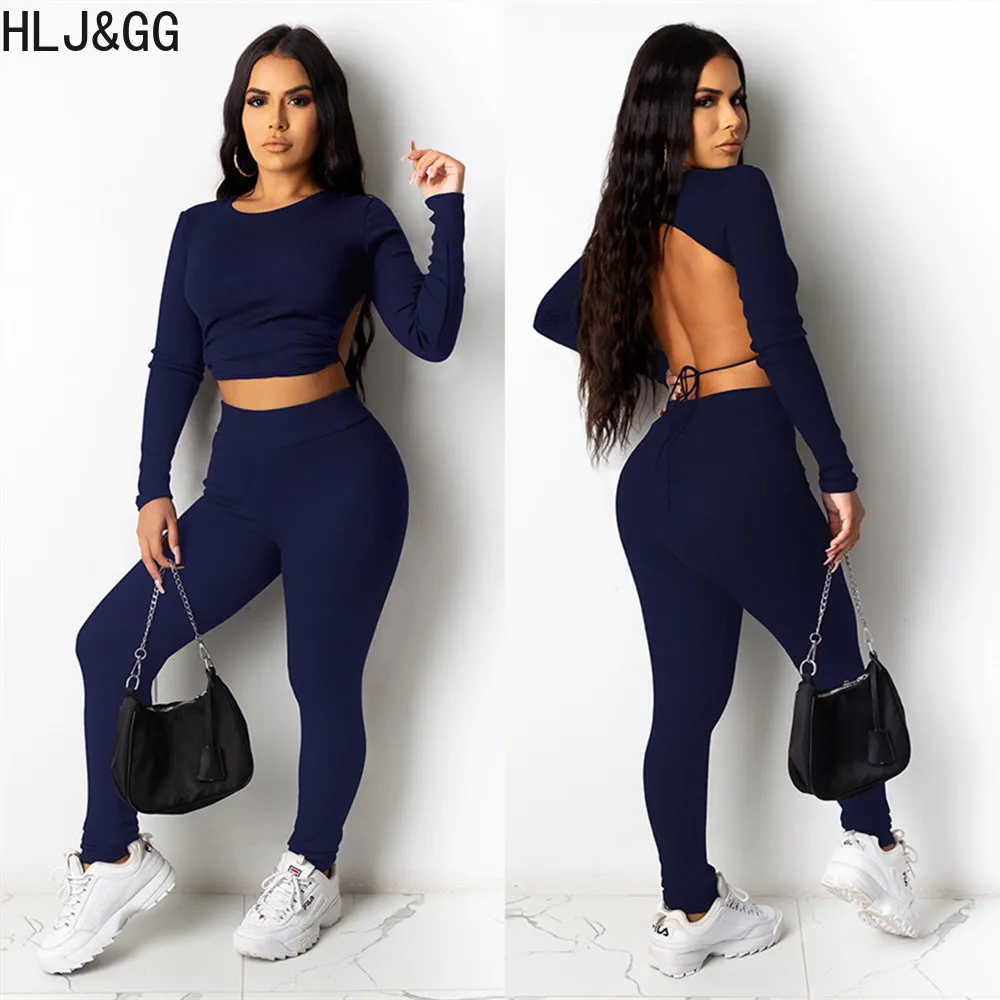 HLJ&GG Casual Solid Ribber Legging Pants Two Piece Sets Women O Neck Long Sleeve Backless Crop Top+Pants Lady Sporty 2pcs Outfit