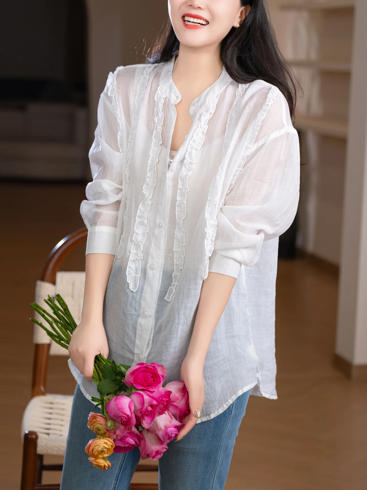 

Slimming Effect 100% Flax Loose Fit Thin Branch Light Weight Breathable Casual Shirt Elegant Style Long Sleeve Women's Shirt