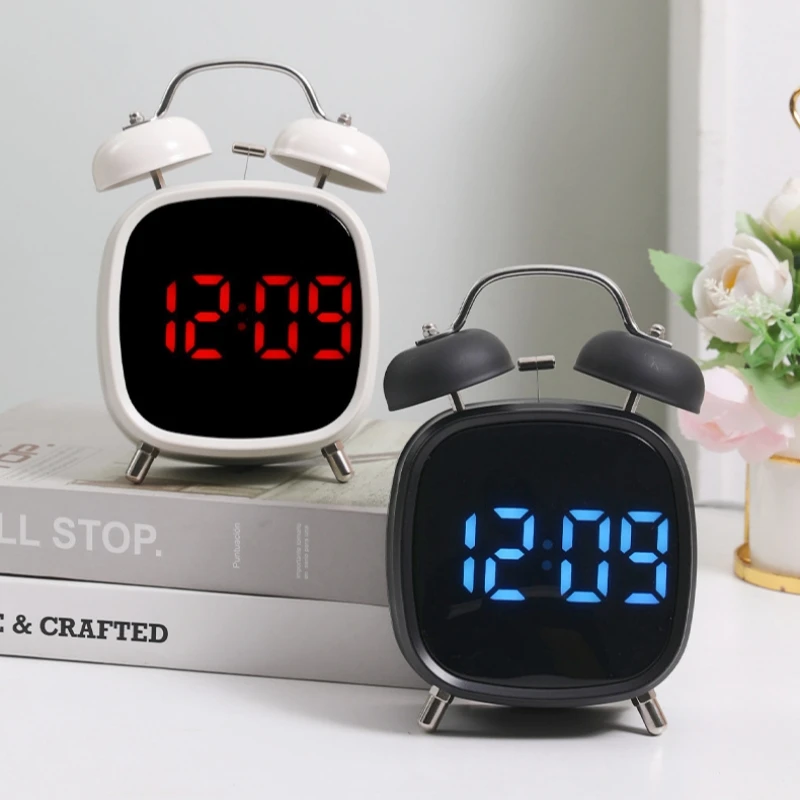 USB LED Digital Alarm Clock with Metal Bell Ringing Brightness Adjustment 12/24Hour Switch Snooze Small Alarm Clock for Bedside