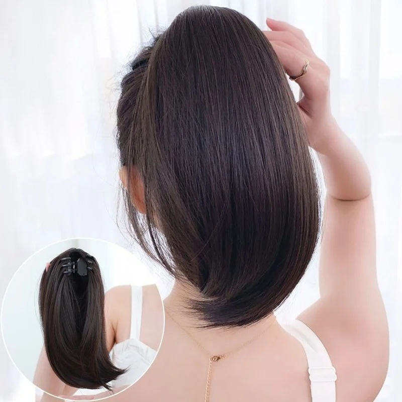 AOSIWIG الاصطناعية قصيرة مستقيم مخلب كليب في ذيل حصان الفتيات أسود براون ملحقات وهمية كاذبة هيربيسي للنساء اليومية Payty #5
