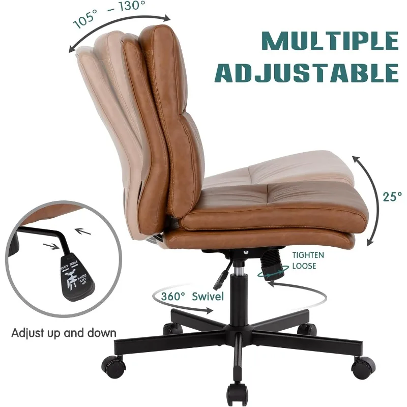 Armless Office Desk Chair With Wheels, Mid-Back Criss Cross Swivel Task Chair, Height Adjustable Cushioned Vanity Chair (Brown)
