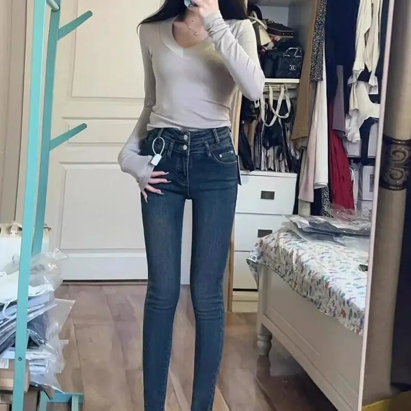 

Темные джинсы скинни с высокой талией, женские облегающие джинсовые брюки с двойной пуговицей, эластичные повседневные брюки до щиколотки для модного образа