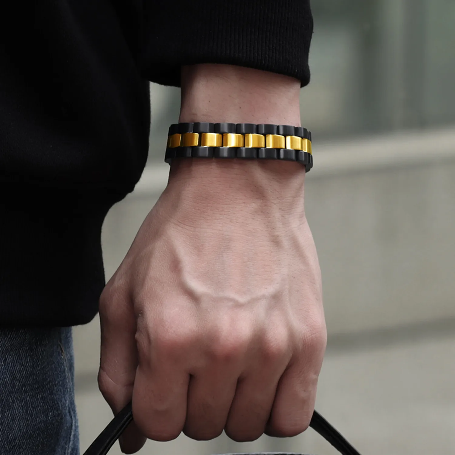 ARADOO Titanium Steel Bracelet for Men Simple Square Pattern Design Power Wristband Jewelry Gifts