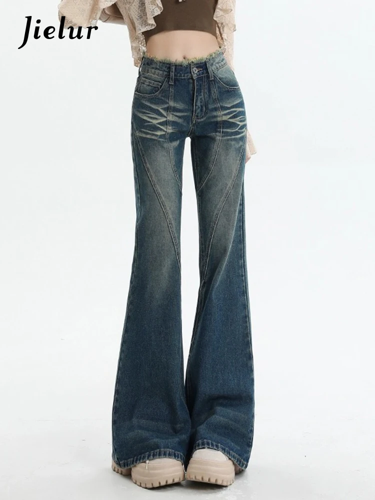Jielur Vintage Washed High Waist Women's Jeans Fashion Streetwear Sexy Slim Tight Hip Chic Zipper Pockets Female Flare Pants