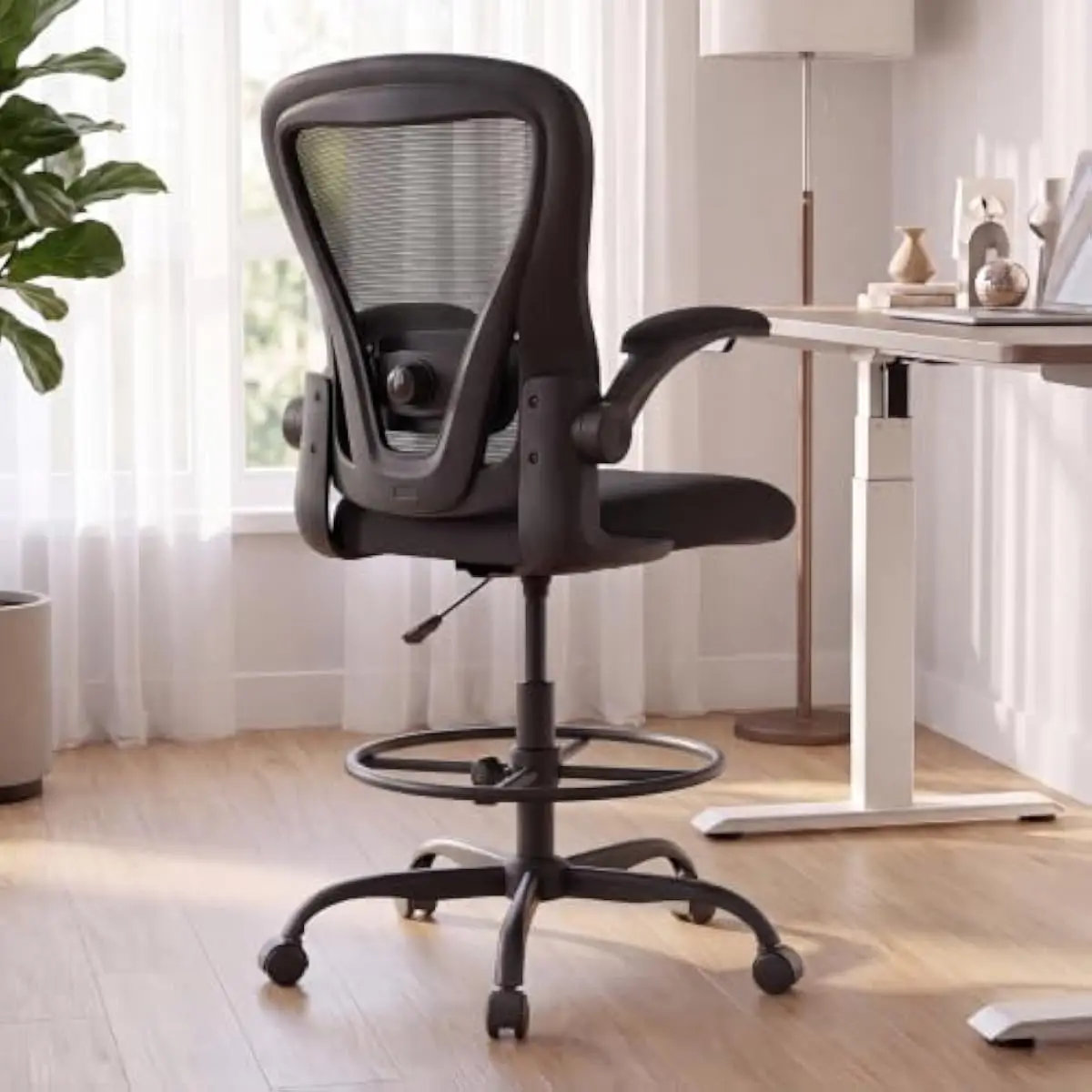 Ergonomic Tall Drafting Seat with Height Adjustable Mesh Backrest 360° Swivel Base Slip-Resistant Foot Ring Molded Foam Cushion